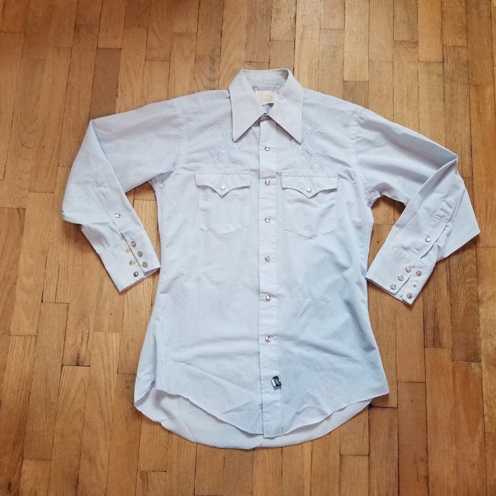 Vintage 70's Western Cowboy Pastel Blue Pearl Snap Men's Button Up Shirt - Picture 2 of 10